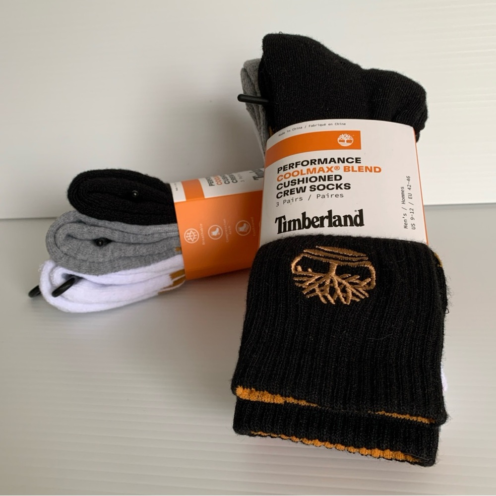 **6 Pack Timberland Black White Grey Performance Crew Socks Men’s US Size 9-12
